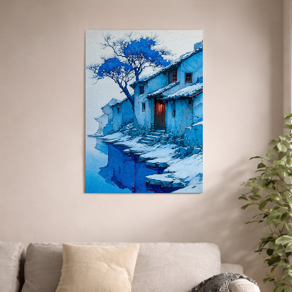A warm landscape of a blue winter village