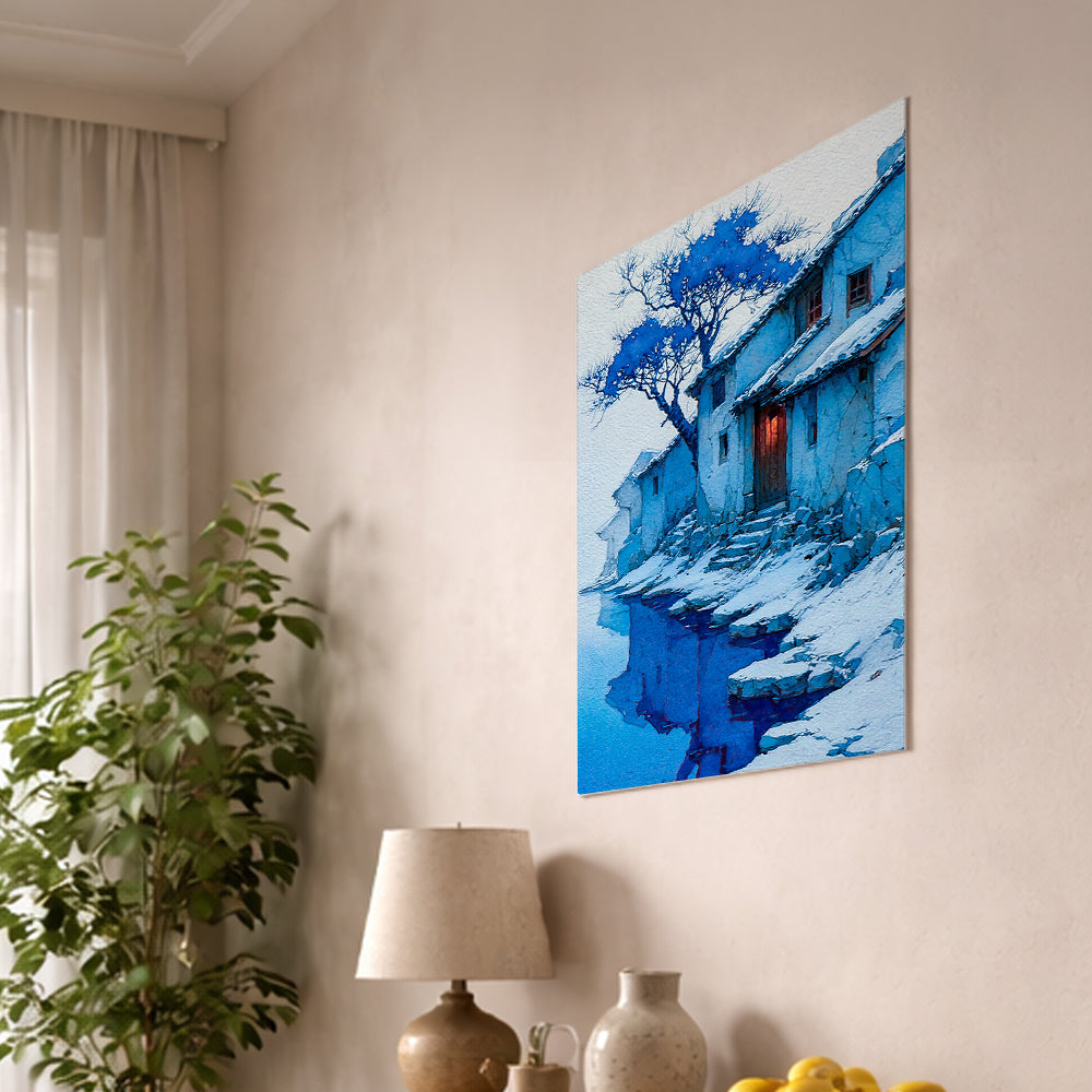 A warm landscape of a blue winter village