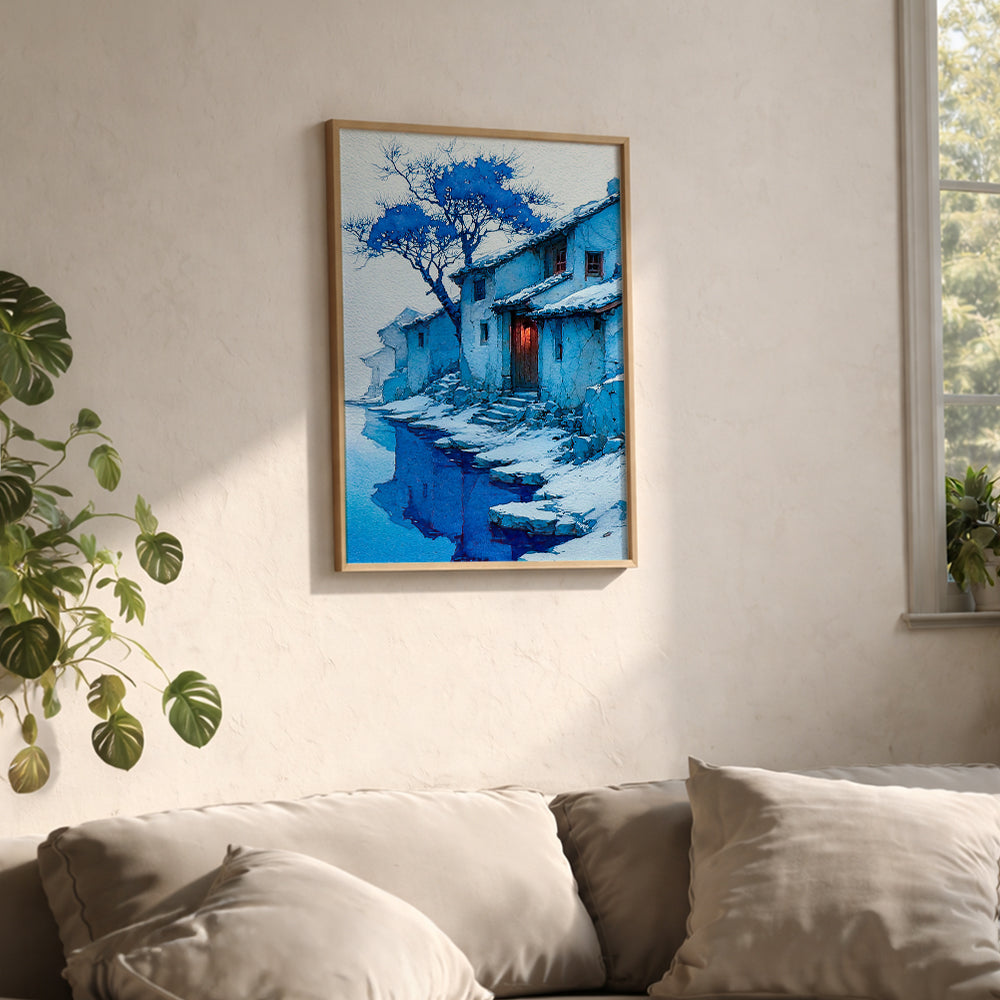 A warm landscape of a blue winter village