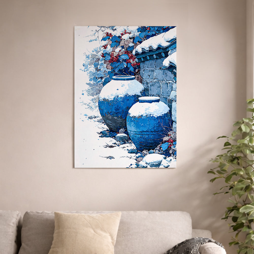 Blue Jars Beneath Winter Wall