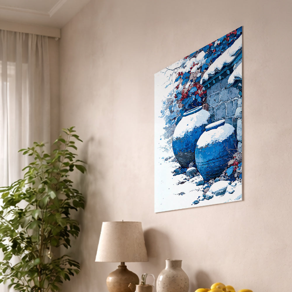 Blue Jars Beneath Winter Wall