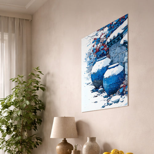 Blue Jars Beneath Winter Wall