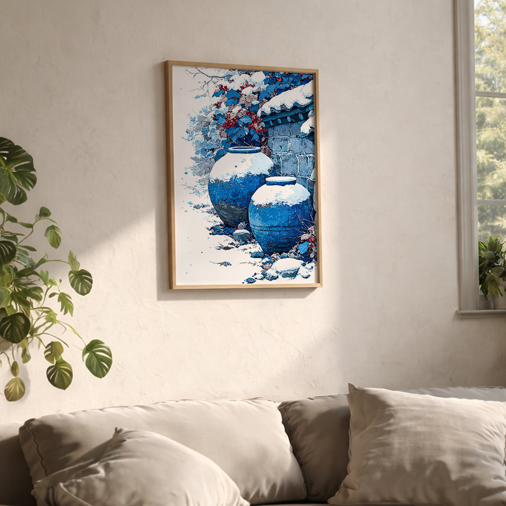 Blue Jars Beneath Winter Wall